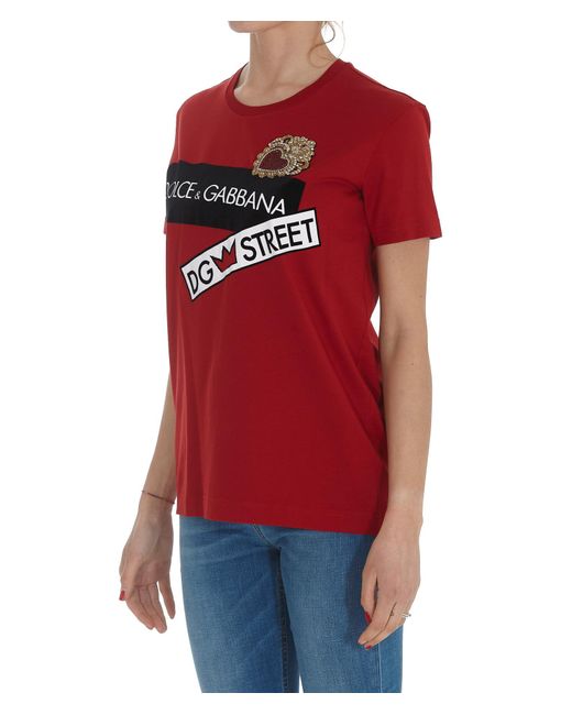 Dolce & Gabbana Red Bead-Embellished Logo-Print T-Shirt