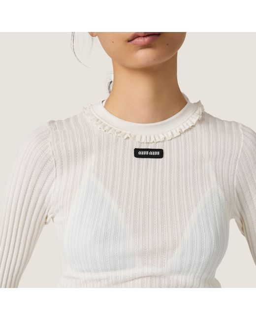Miu Miu White Long-Sleeved Ribbed T-Shirt