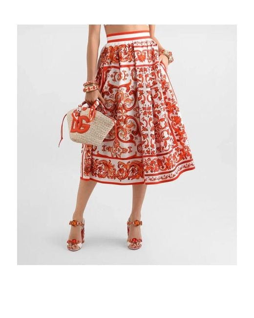 Dolce & Gabbana Red Majolica-Printed Poplin Pleated Midi Skirt