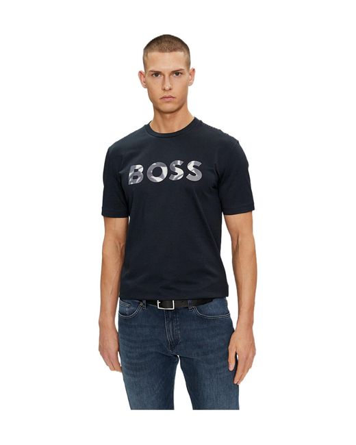 Boss Blue Logo-Appliqué Cotton T-Shirt for men