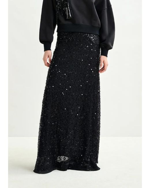 Essentiel Antwerp Black Panelled Maxi Skirt With Sequin And Bead Embellishments