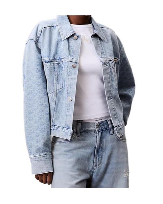 Calvin Klein Blue Monogram Logo Cropped Denim Jacket