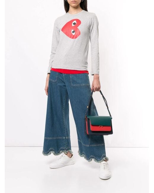 COMME DES GARÇONS PLAY Gray Logo-Print Crew Neck Top