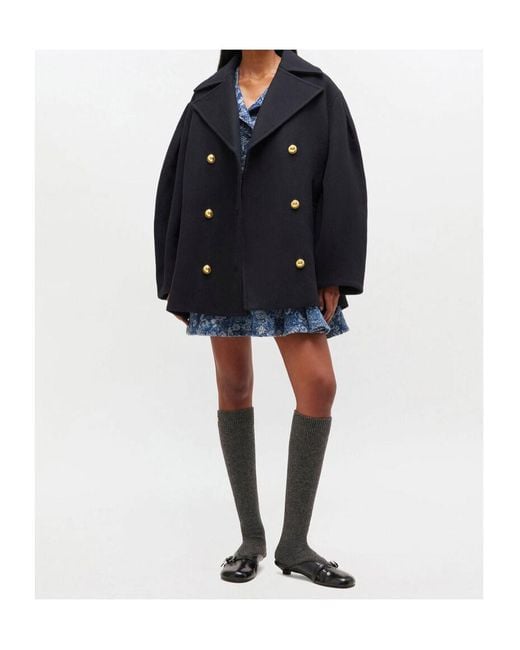 Ganni Blue Double-Breasted Oversize Coat