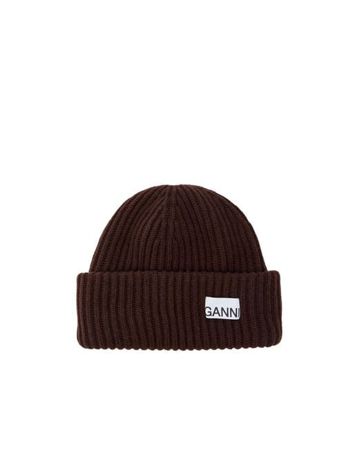 Ganni Brown Logo-Appliquéd Ribbed Wool-Blend Beanie