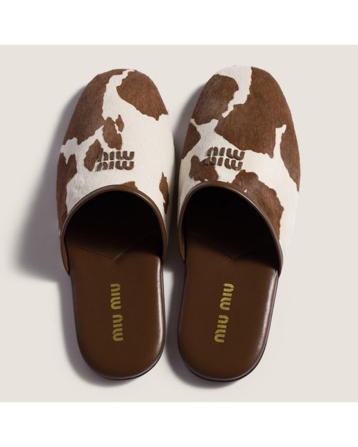 Miu Miu Brown Printed Leather Slippers