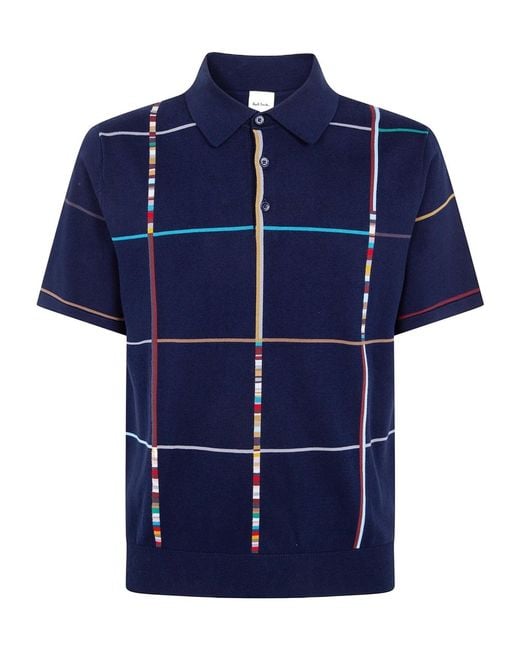 Paul Smith Blue Signature Stripe Check Knitted Polo Shirt for men