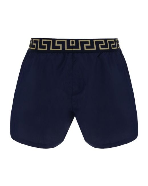 Versace Blue Greca Border Elasticated Waistband Swim Shorts for men