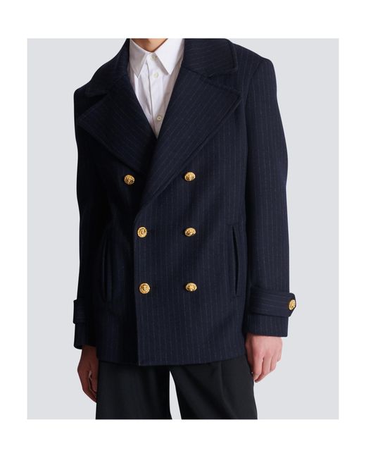 Balmain Blue Merino Wool-Blend Stripe Pea Coat for men