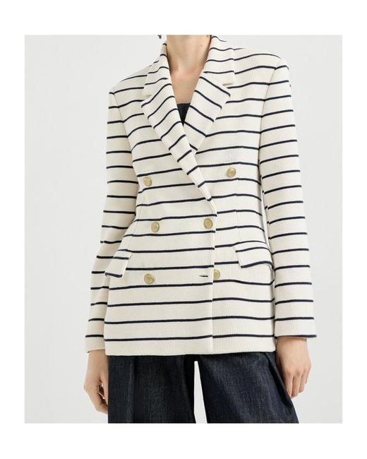 Brunello Cucinelli White Cotton Stripe Double-Breasted Blazer