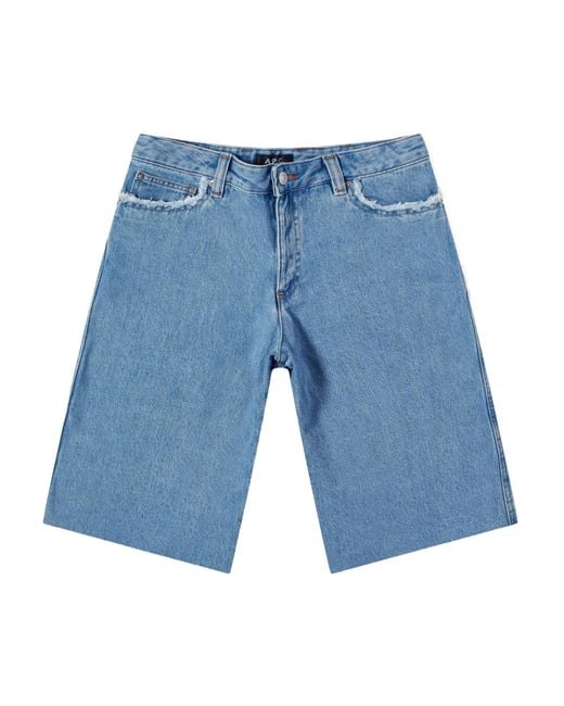 A.P.C. Blue Frayed Detailing Denim Shorts