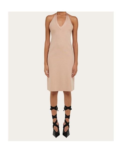 Ferragamo Natural Ferragamo Knitted Halter Neck Dress