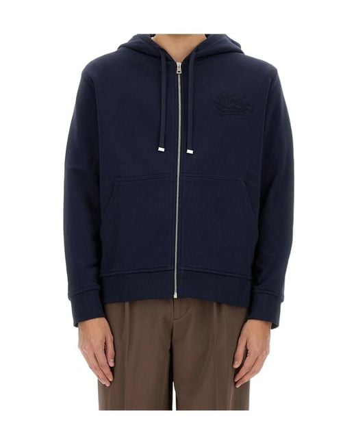 Etro Blue Pegaso Embroidered Zipped Hoodie for men