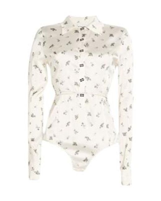 Ganni White Floral Printed Collared Long-Sleeve Bodysuit Shirt