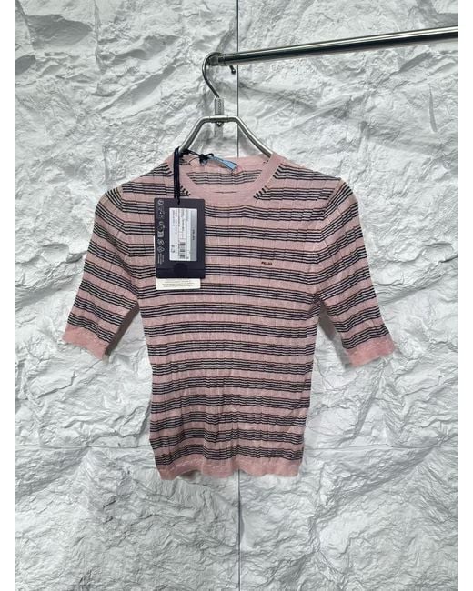 Prada Pink Short-Sleeved Striped Cashmere And Silk Sweater