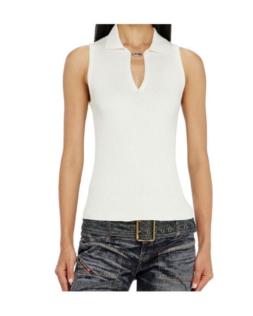 DIESEL White Sleeveless Rib-Knit Polo Top