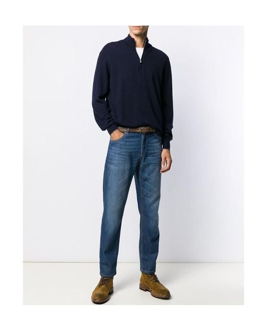 Brunello Cucinelli Blue Funnel-Neck Knitted Polo Shirt for men
