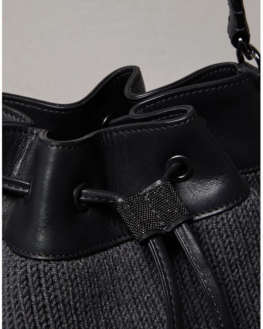 Brunello Cucinelli Black Drawstring Cable-Knit Tote Bag