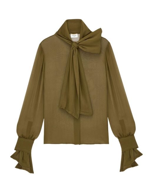 Saint Laurent Green Silk-Crepe Muslin Tie Shirt
