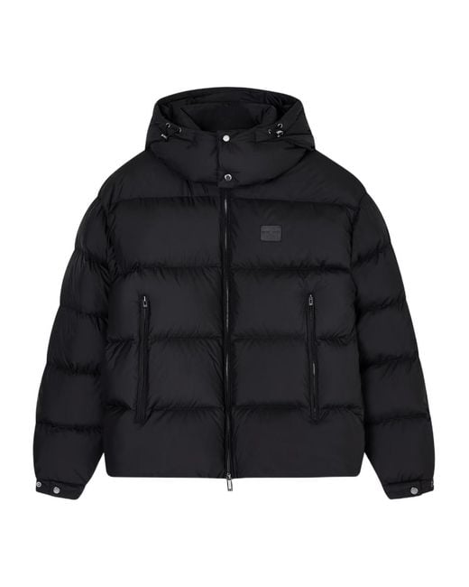 Emporio Armani Black Water-Repellent, Quilted Ripstop Nylon Hooded Down Jacket for men
