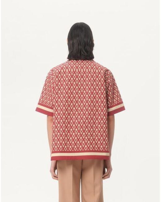 Valentino Red Cotton Popeline Bowling Shirt With Toute La V Print for men