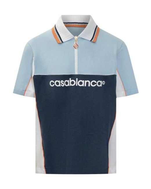 Casablanca Blue Colour-Block Zip-Neck Polo Shirt for men
