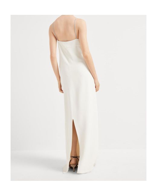 Brunello Cucinelli White Shiny Straps Crepe Square-Neck Dress
