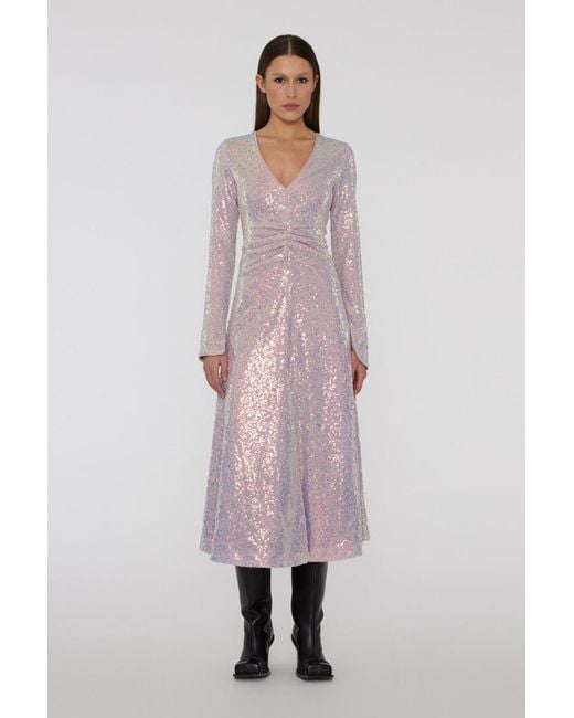 ROTATE BIRGER CHRISTENSEN Purple V-Neck Long-Sleeved Dress