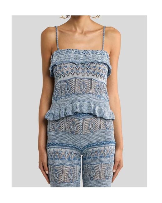Etro Blue Ruffle Detailed Knitted Strappy Top