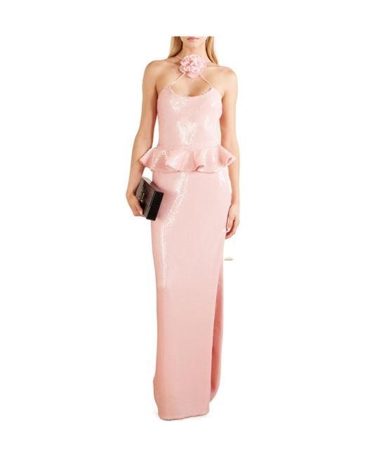 Rodarte Pink Floral-Appliquéd Ruffled Sequined Mesh Halterneck Gown