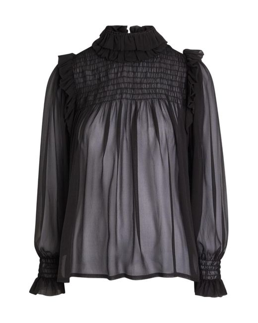 Saint Laurent Black Ruffled Sheer Silk Blouse
