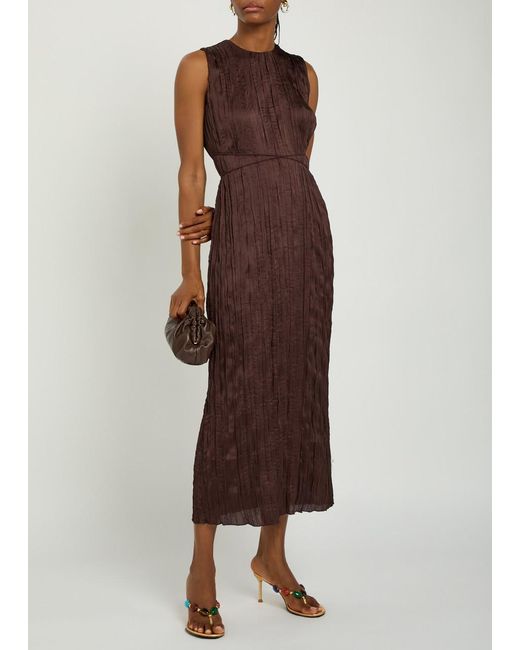 Staud Brown Belted Plissé Midi Dress