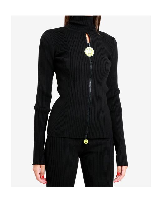 Barrow Black Ribbed-Knit Zip-Up Cardigan