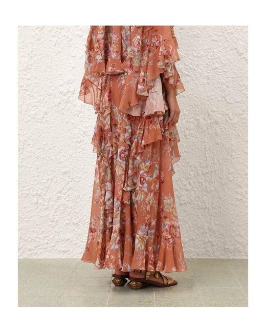 Zimmermann Red Awaken Ruffle Floral Printed Skirt
