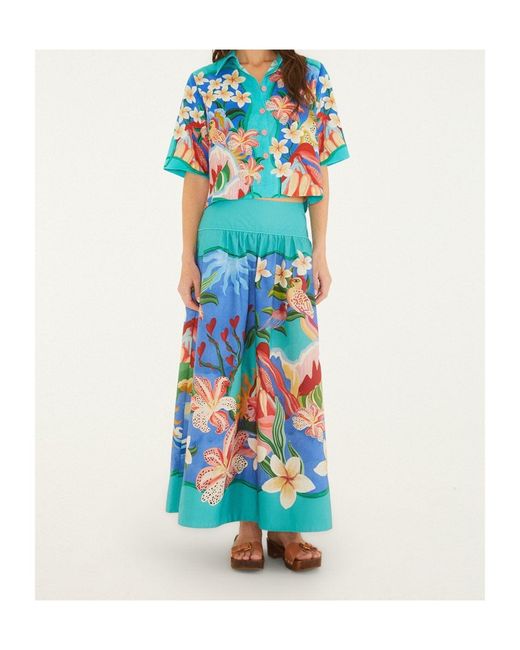 Farm Rio Blue Garden Of Life Floral-Print Cropped Shirt