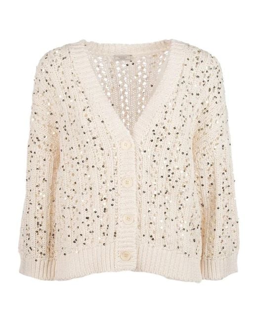 Peserico Natural Sequin-Embellished Open-Knit Cardigan