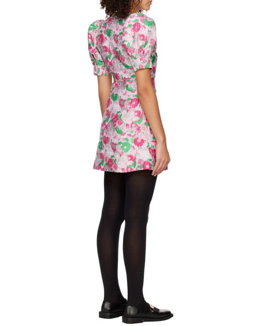 Ganni Pink Floral Printed V-Neck Mini Dress
