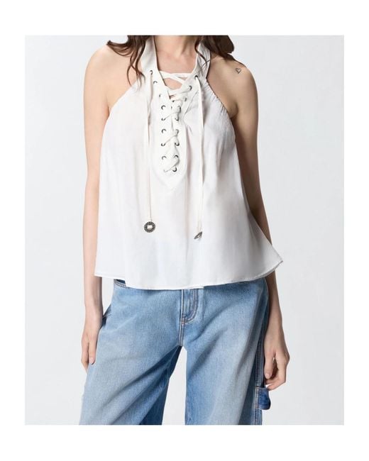Pinko White Lace-Detail Halterneck Blouse