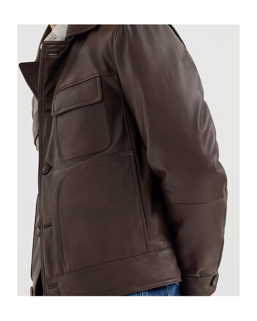 Brunello Cucinelli Brown Nappa Leather Outerwear Jacket With Thermore Padding for men