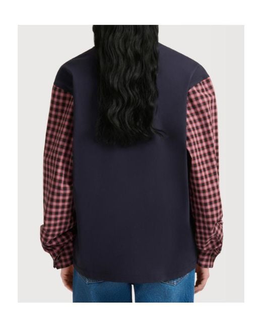 Marni Blue Deep Cotton T-Shirt With Checked Shirt Sleeves
