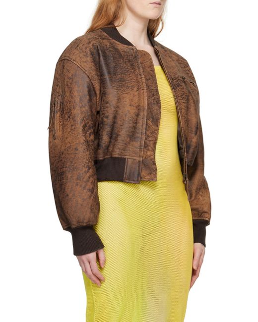 Acne Brown Abstract Printed Cropped Bomber Jacket