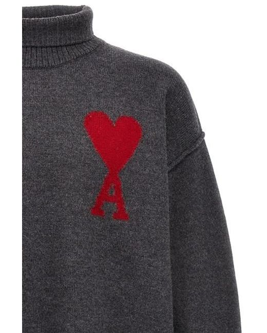 AMI Gray Ami De Coeur Logo Intarsia Knitted Roll-Neck Jumper for men