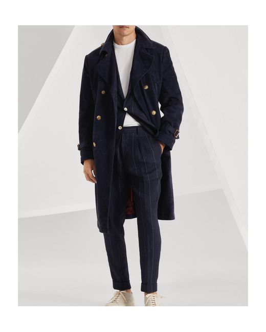 Brunello Cucinelli Blue Suede Trench Coat for men