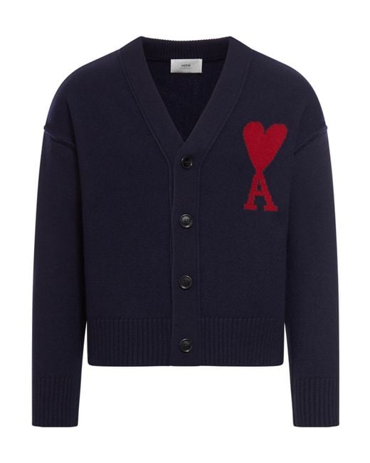 Ami Paris Men's Blue Ami De Coeur Logo Intarsia-Knit V-Neck Cardigan
