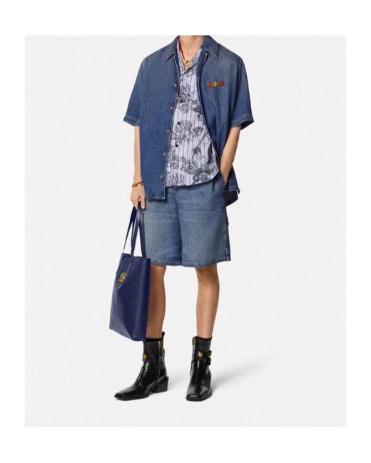 Versace Blue Elastic Waist Denim Shorts for men