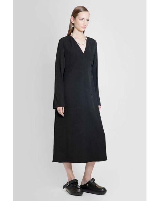 Jil Sander Black V-Neck Long-Sleeved Midi Dress