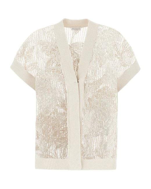 Brunello Cucinelli White V-Neck Knitted Jumper