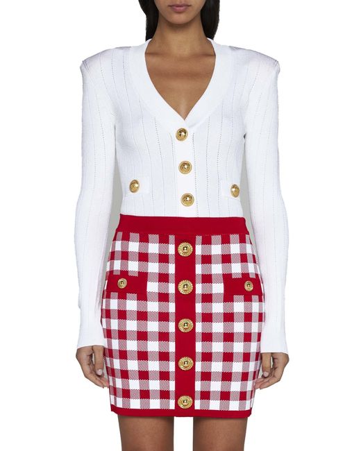 Balmain White Button Embellished Ribbed Knit Cardigan