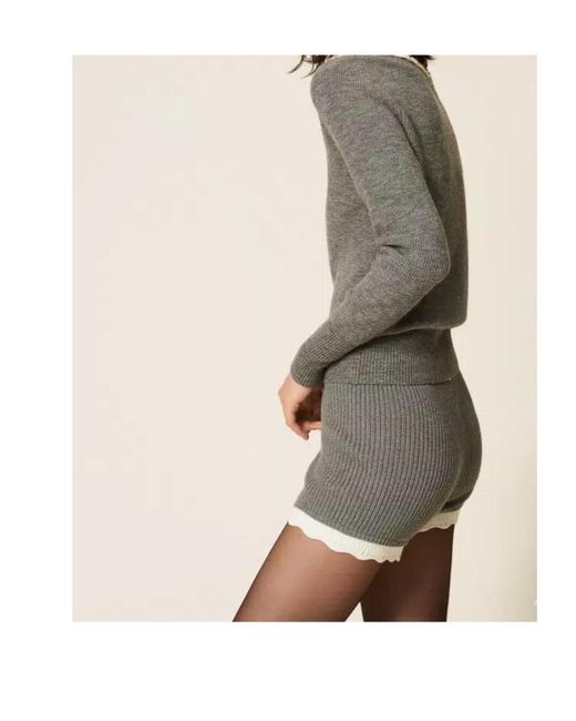 Twinset Gray Knitted Shorts With Scalloped Details