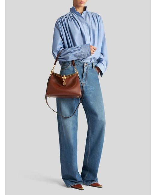 Etro Blue High-Waist Pegaso-Embroidered Wide-Leg Jeans